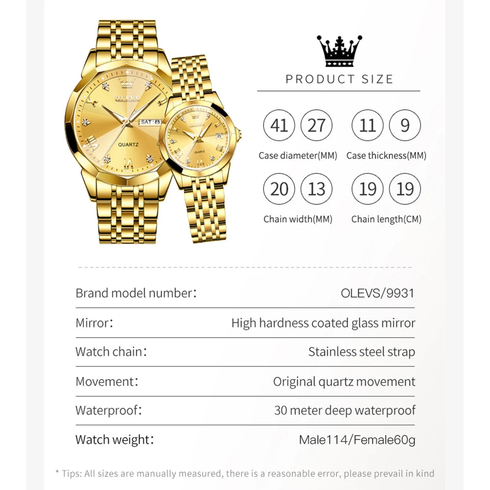 OLEVS 9931 Watch For Men Women Roman Scale Quartz Couple Watch Rhombus Mirror Auto Date Wristwatch Luxury Waterproof Hand Clock