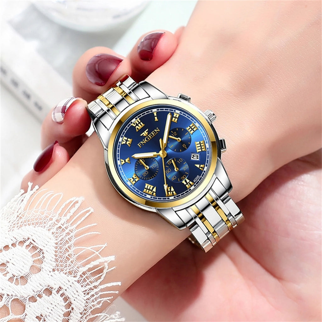 Couple Watches with Stainless Steel Strap, Roman Scale, Blue Dial, Calendar Display, Waterproof Quartz for Men and Women, Sm, 2P