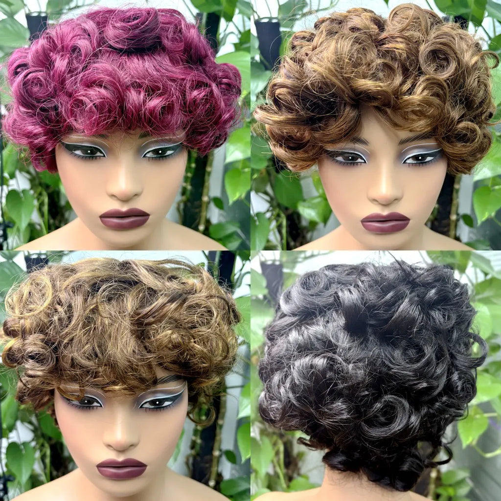 Full Machine Made Loose Wavy Bob Wig Human Hair Wigs 220% Short Colored Bouncy Curly Gluelesss Human Hair Wigs with Bangs
