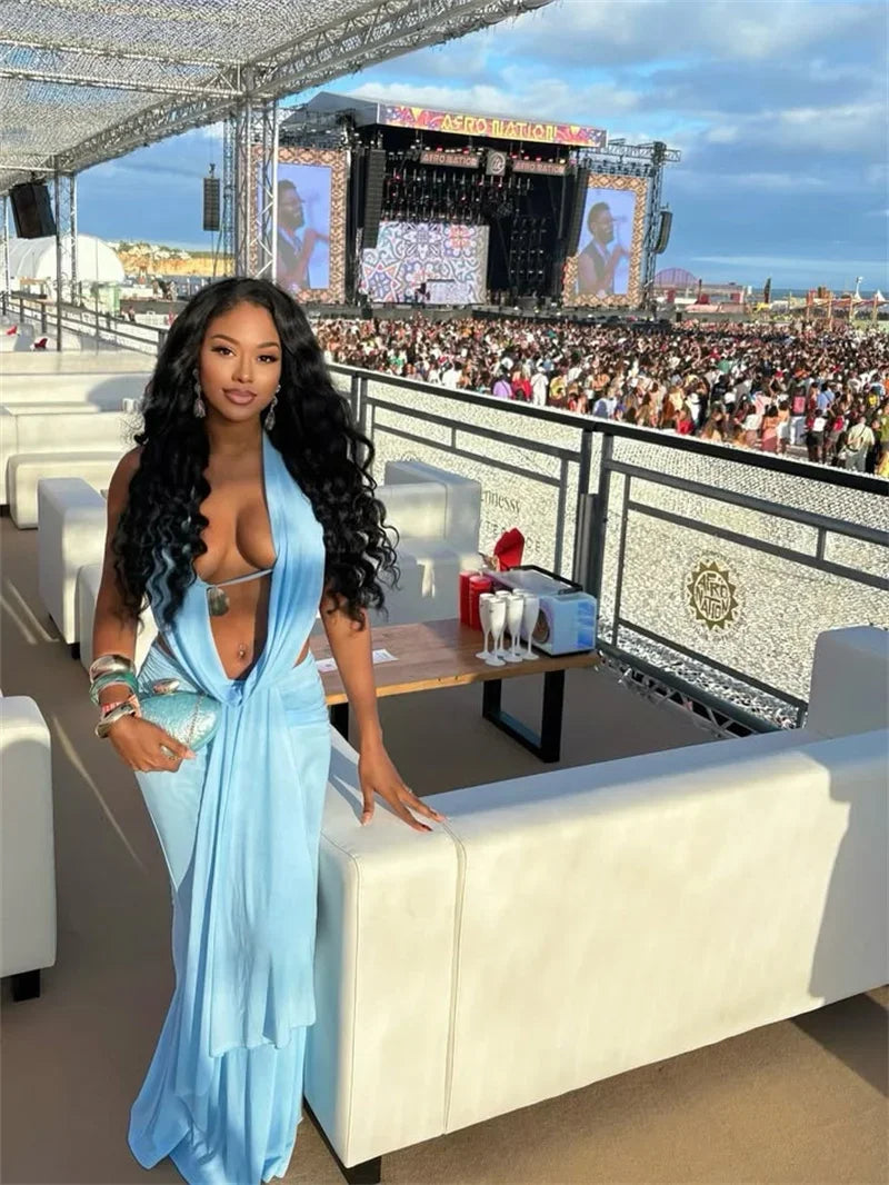 Sexy Dress Set Women Halter Crop Top And Maxi Skirt Matching Sets Female Elegant Beach Club Party Skirt Two Piece Set