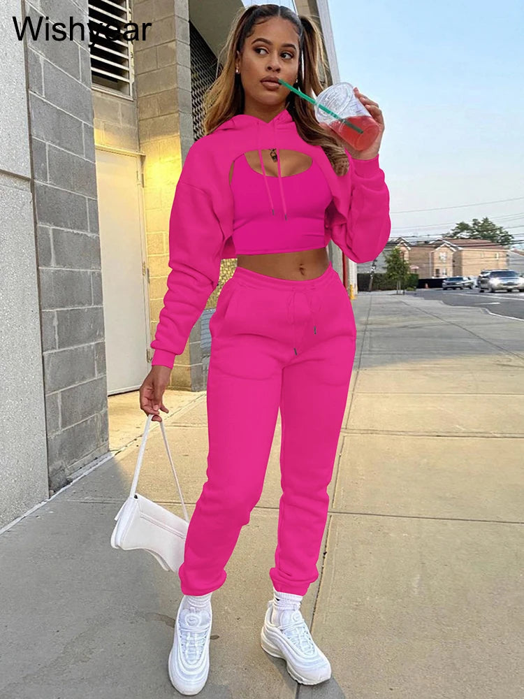 Tracksuit 3 Pieces Pants Sets for Women Velvet Hoodie Crop Tops+Vest+Sweatpants Matching Suit Sport Jogger Winter Fall Outfits