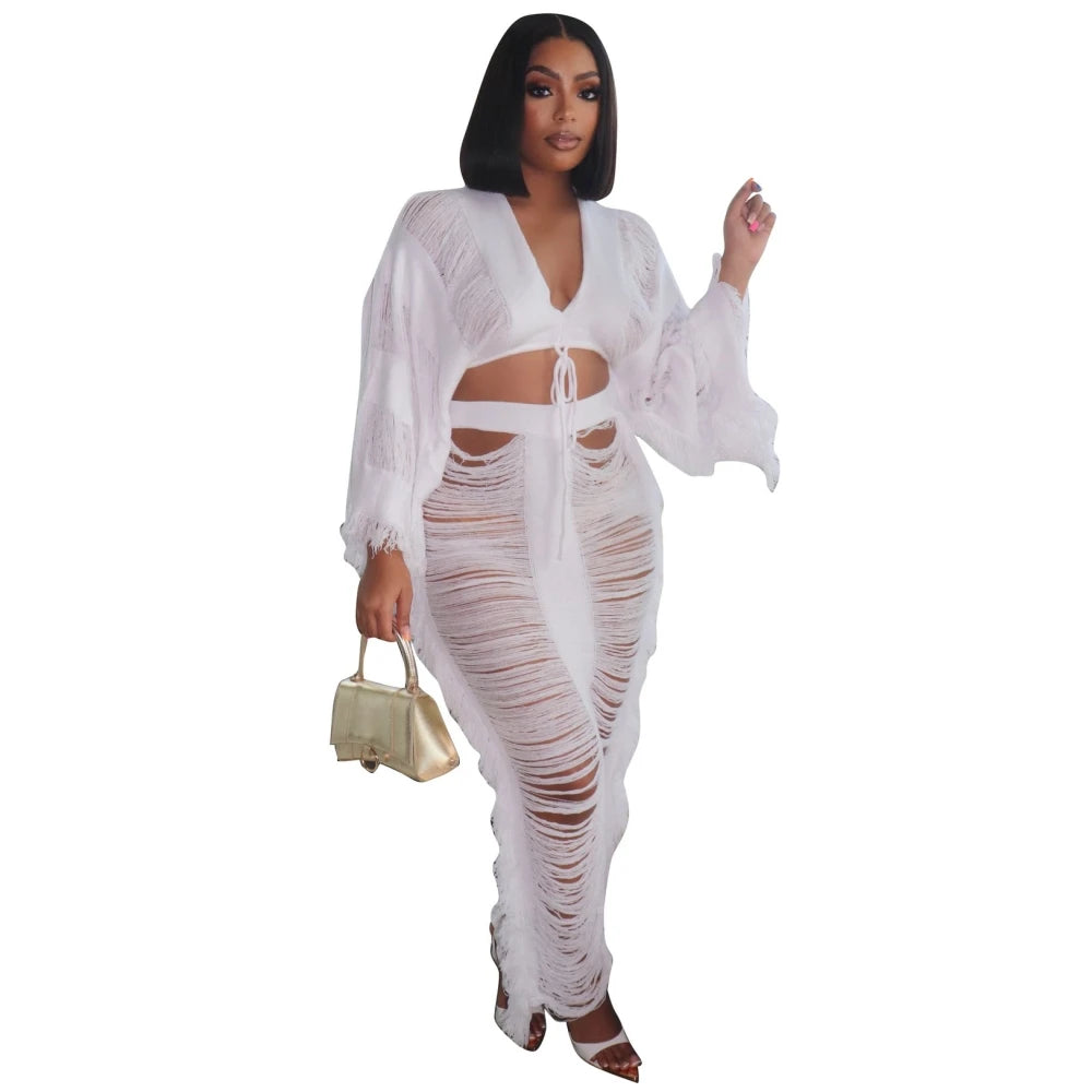 Swimwear Skirt Cover-up 2 Piece Set Women Crop Tops And Long Skirt Bathing Suit Fashion Solid Hollow Sexy Beach Cover Up Outfits