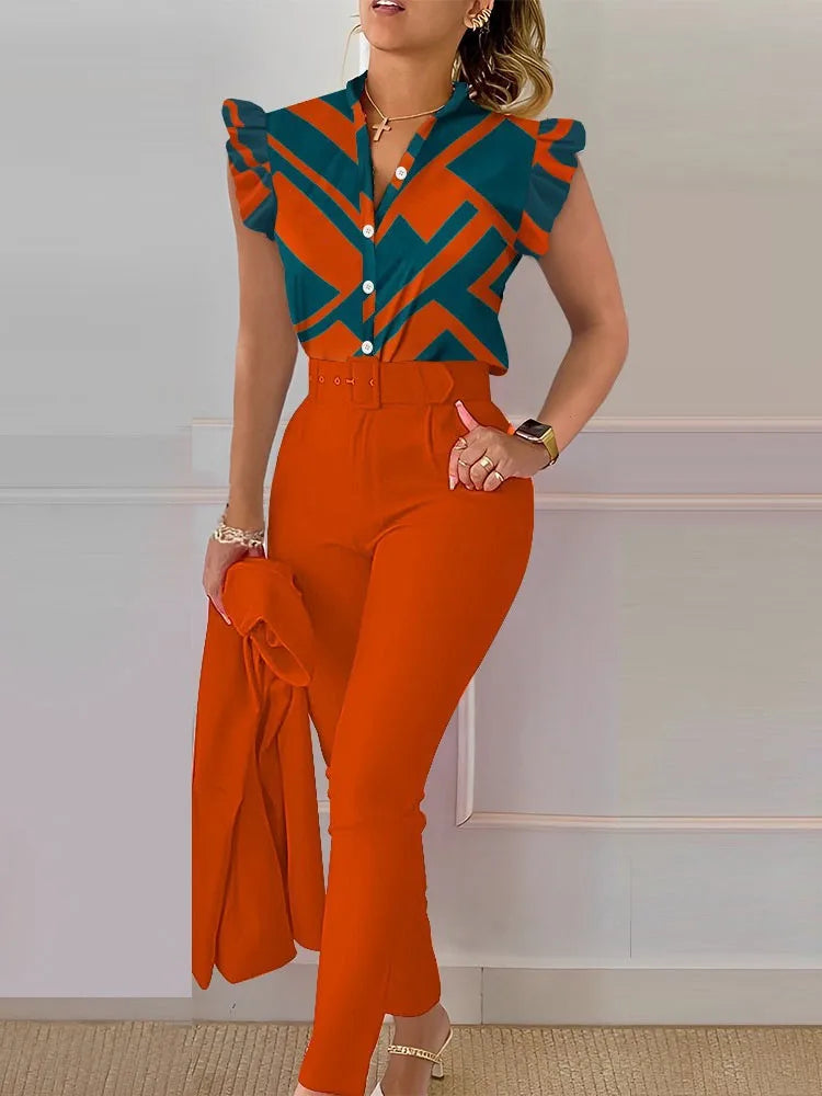 Spring Summer Women's New Printed Lotus Leaf Sleeveless Shirt Suit Elegant Slim Femal Office  Long Pants Belt Two Piece Set 2025