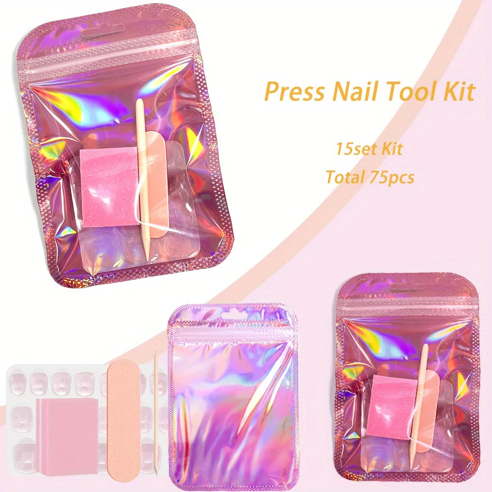 15Set Press On Nail Tool Prep Kit, 75pcs Disposable Manicure Kit with Nail File, Buffer, Adhesive Nail Tabs, Wood Stick, Hologra