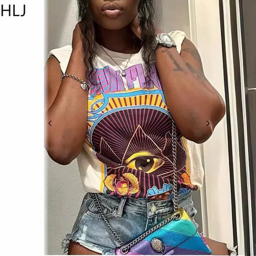 HLJ&GG Fashion Y2K Trend Streetwear Women Pattern Printing Round Neck Short Sleeve Slim Tshirts Summer New Hot Girl Hip Hop Tops