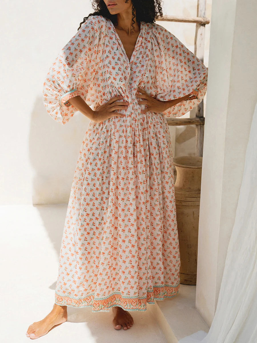 Women Floral Maxi Dress Y2k Boho Printed 3/4 Lantern Sleeve V Neck Dress Holiday Beach Loose Swing Sundress Party Clubwear
