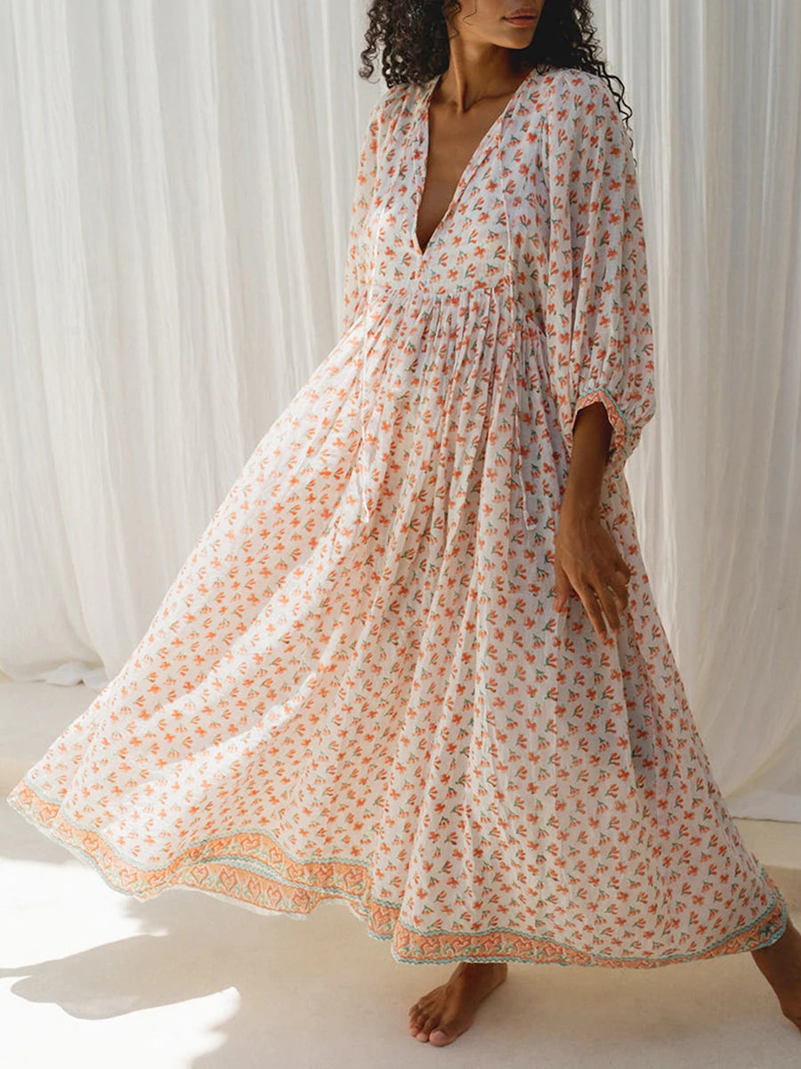 Women Floral Maxi Dress Y2k Boho Printed 3/4 Lantern Sleeve V Neck Dress Holiday Beach Loose Swing Sundress Party Clubwear