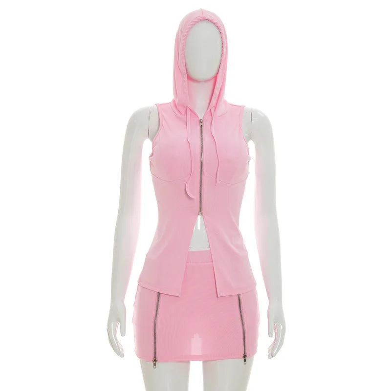 Women Solid Casual 2 Piece Set Tracksuits Zip-up Sleeveless Hooded Tanks Tops + Zippers Bodycon Mini Skirts Streetwear Suits