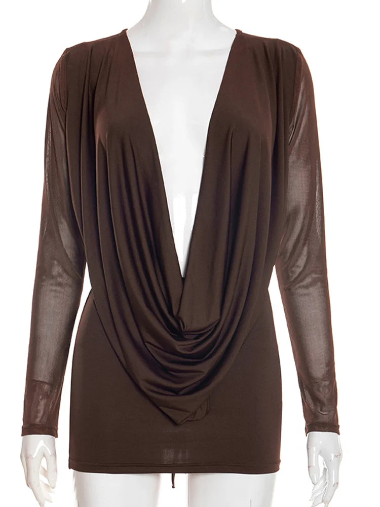 Beyprern Sexy Deep V Neck Backless Mini Dress Women Elegant Long Mesh Sleeve Bodycon Party Dresses Drape Clubwear Vestidos