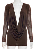 Beyprern Sexy Deep V Neck Backless Mini Dress Women Elegant Long Mesh Sleeve Bodycon Party Dresses Drape Clubwear Vestidos