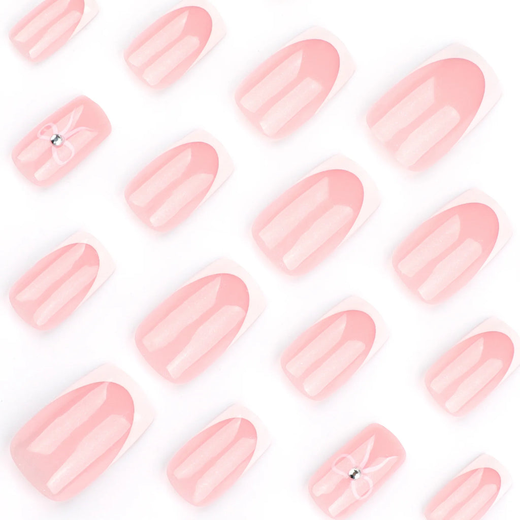 24pcs Simple French Fake Nails Pink Bow White Edge Press on Nails Women Full Cover Wearable Short Coffin False Nail Tips