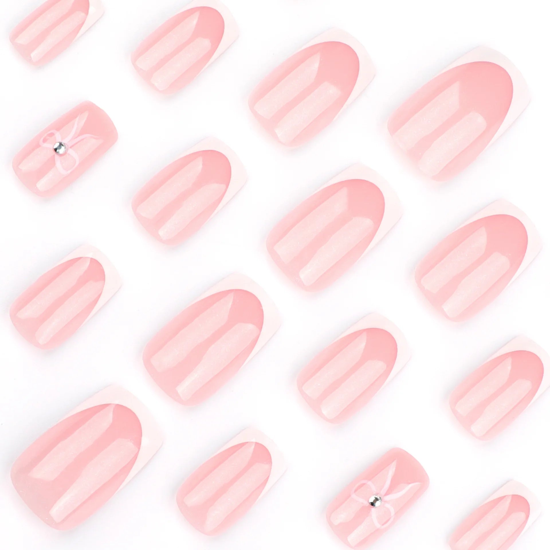 24pcs Simple French Fake Nails Pink Bow White Edge Press on Nails Women Full Cover Wearable Short Coffin False Nail Tips