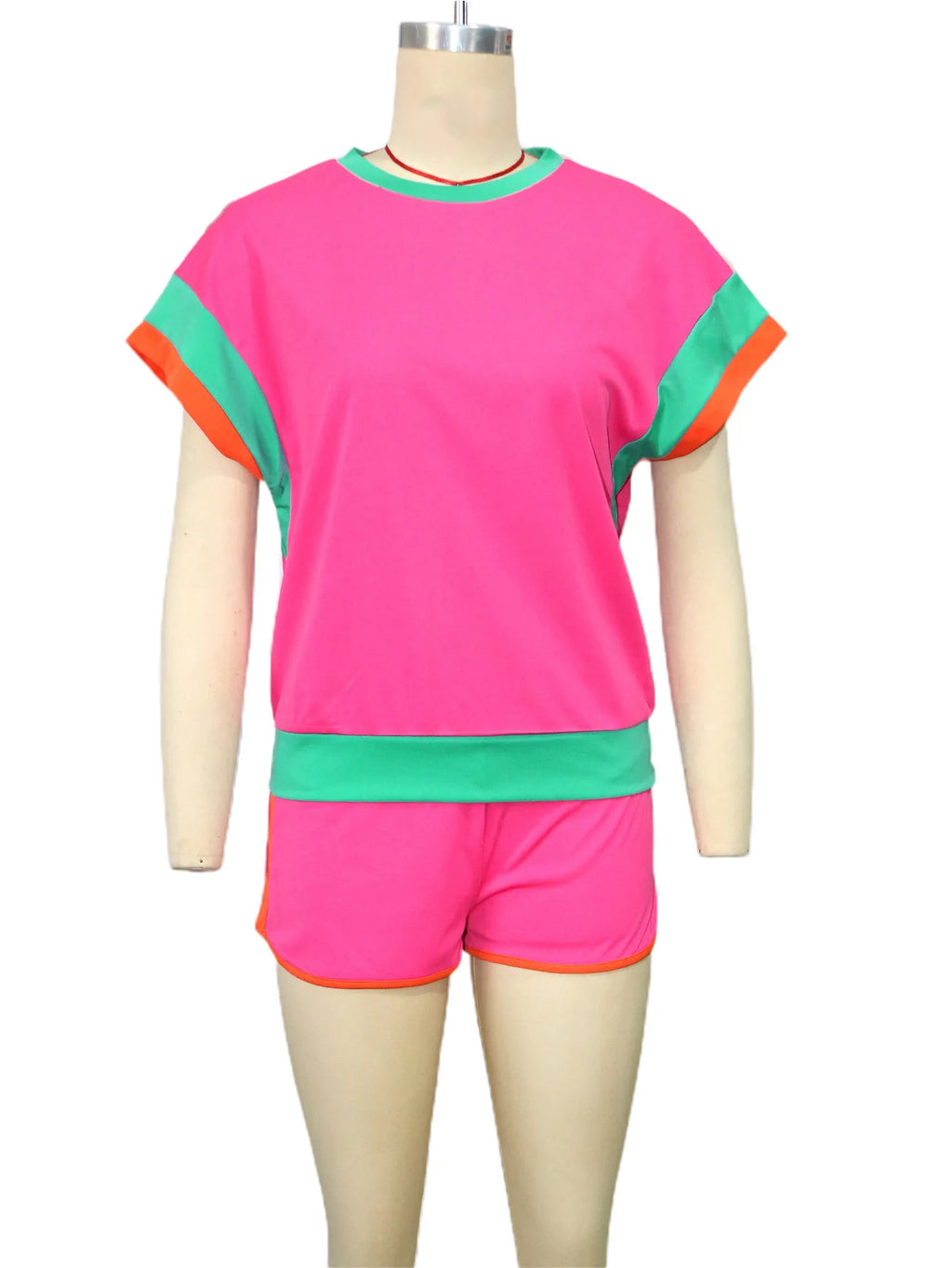 New Patchwork Casual Sporty 2 Piece Sets Women 2025 Summer Trend O-Neck Short Sleeve Tops And Shorts Matching Fitness Tracksuits