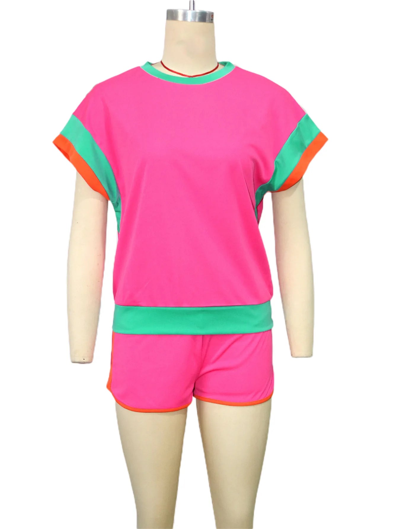 New Patchwork Casual Sporty 2 Piece Sets Women 2025 Summer Trend O-Neck Short Sleeve Tops And Shorts Matching Fitness Tracksuits