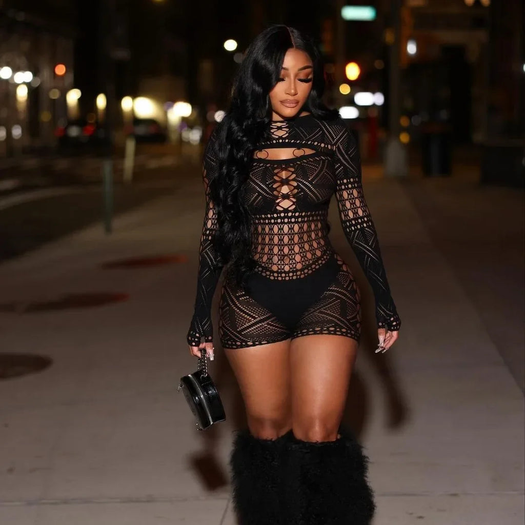 Women's Sexy Long Sleeve Jumpsuit See Through Outfit Sheer Mesh Hollow Out Night Club Short Romper