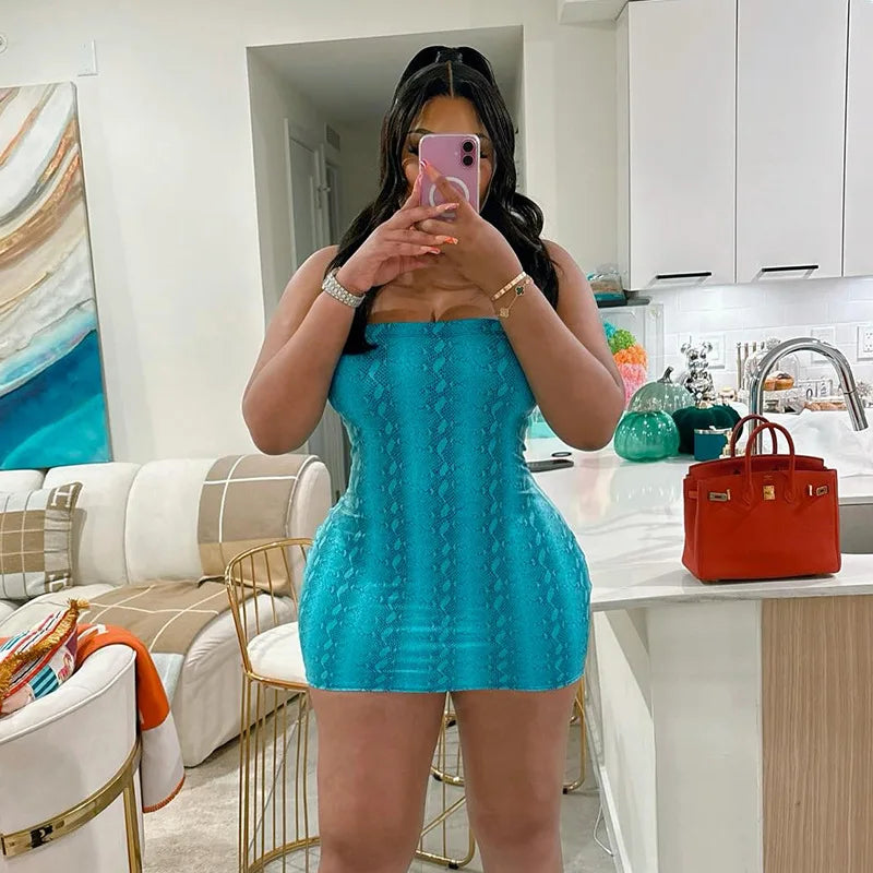 FAGADOER Sexy Serpentine Print Patchwork Bodycon Mini Dresses Woman Sleeveless Backless Dress Hot Girl Streetwear Vestidos 2026