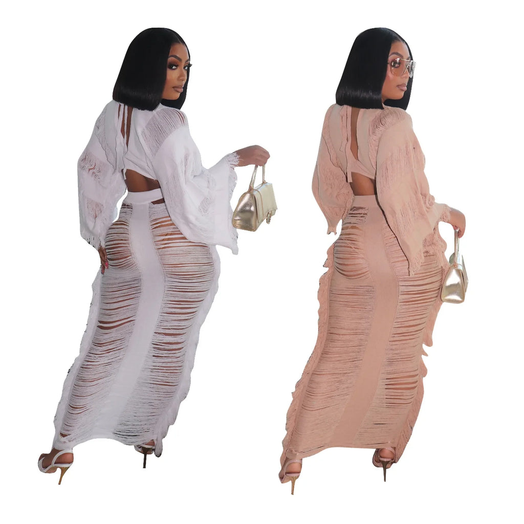 Swimwear Skirt Cover-up 2 Piece Set Women Crop Tops And Long Skirt Bathing Suit Fashion Solid Hollow Sexy Beach Cover Up Outfits