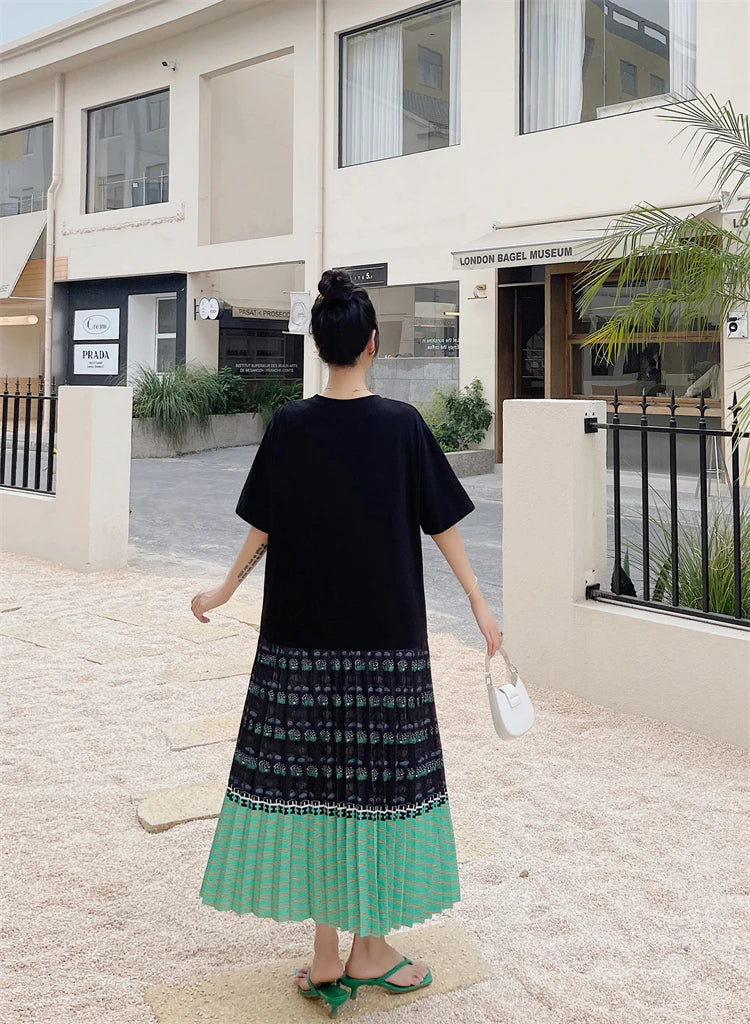 NYFS 2026 Summer New Korean Woman Dress Vestidos Robe Elbise Loose Plus Size Short Sleeve Patchwork Two Fake Pieces Long Dresses
