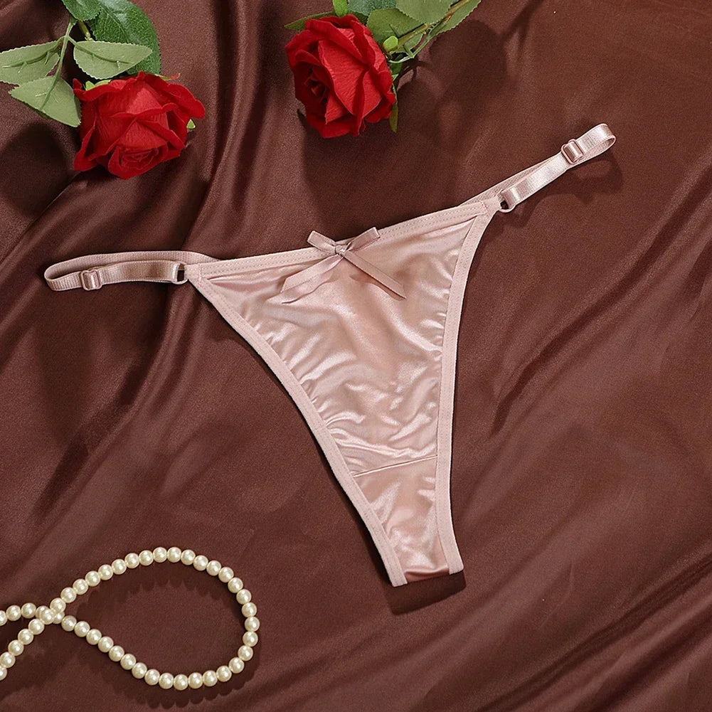 New Adjustable Girls G-Strings Pants Satin Cotton Crotch T-Back Women's Sexy Thin Strap Bow Underwear Plus Size