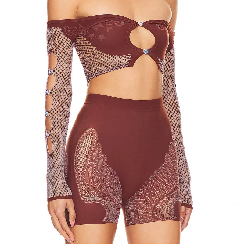Women 2 Piece Set Print Patchwork  Sexy Rhinestone Off Shoulder Long Sleeve Crop Tops and Shorts Coquette Nightclub Wear