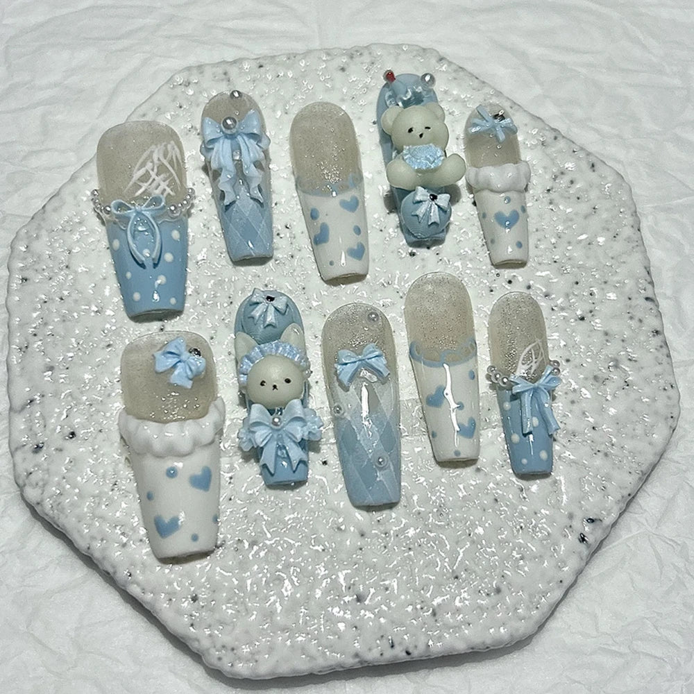 10PCS Kawaii 3D Bow Teddy French Handmade Press On Nails Cute Blue Bunny Long Fake Nails Pearls Heart Polka Dot Girl Nail Art