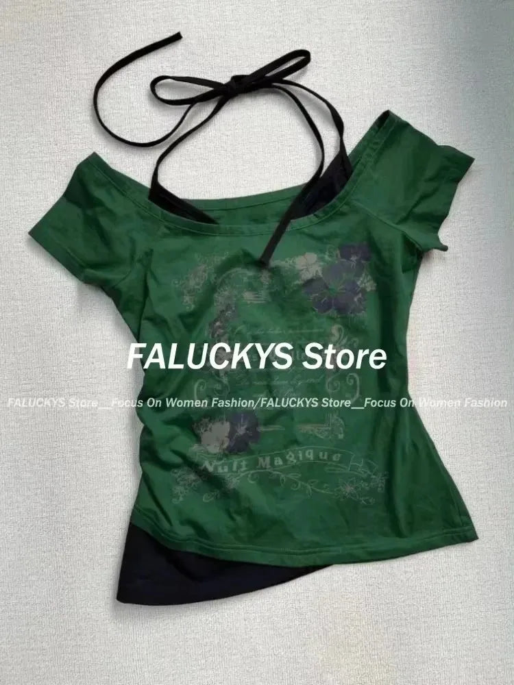 2024 Summer Sexy One Shoulder Design Y2k Vintage T-Shirts Women Streetwear 2000s Casual Print Tees Korean Fashion Punk Crop Tops