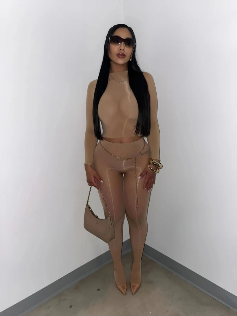 Sexy Women 2 Piece Set Stretchy Shiny See-through Crop Top and Skinny Pants Suits Female Night Clubwear Outfits