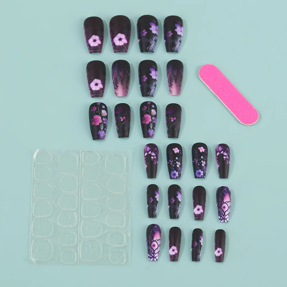 24PCS Dark Luxury Purple Floral Press on Nails with Square European Hand Painted Vintage Cherry Blossoms Artistic False Nails 네일