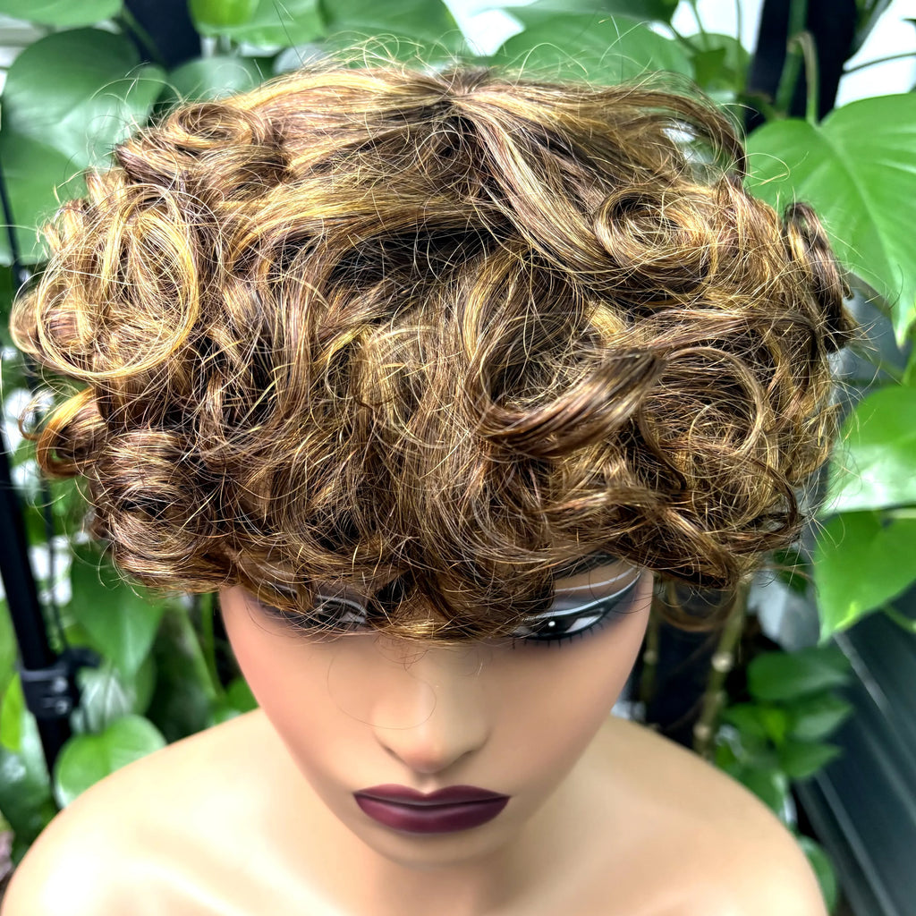 Full Machine Made Loose Wavy Bob Wig Human Hair Wigs 220% Short Colored Bouncy Curly Gluelesss Human Hair Wigs with Bangs