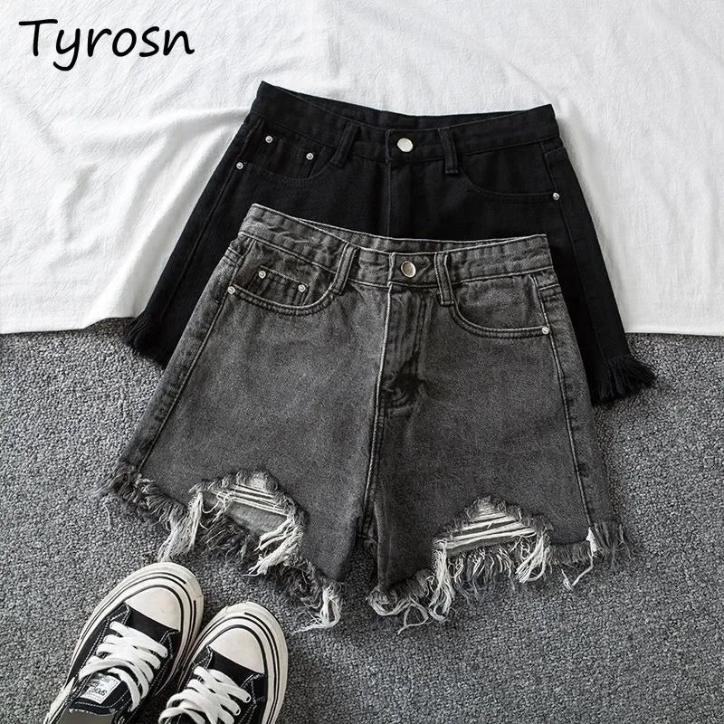 Denim Shorts Women High Waist Slender Korean Fashion Summer Frayed Buttons Zipper Tassel Loose Solid All-match Streetwear Chic