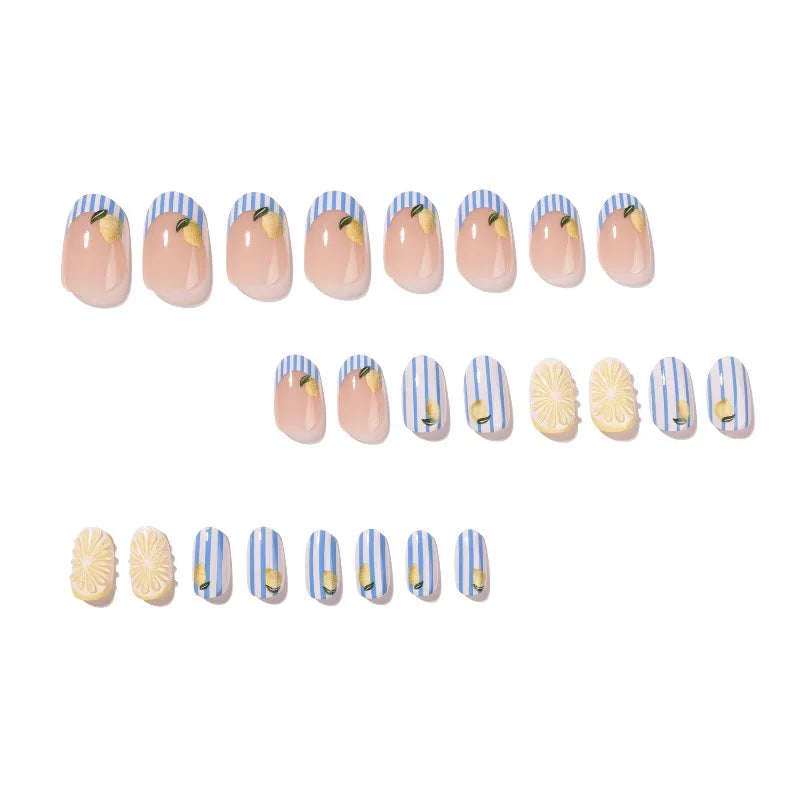 24PCS Sweet Short Round Press on Nails Cute 3D Fruit Blue Stripes Almond False Nails Wearable Lemon Patterns French Ins Manicure