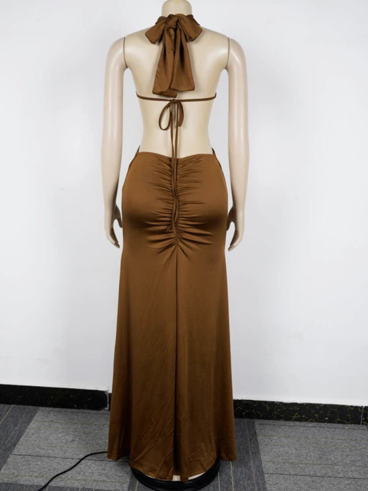 Beyprern New Chic Halter V Neck O Rings Long Maxi Dress Glam Women Sexy Backless Ruched High Slit Party Dresses Birthday Outfits