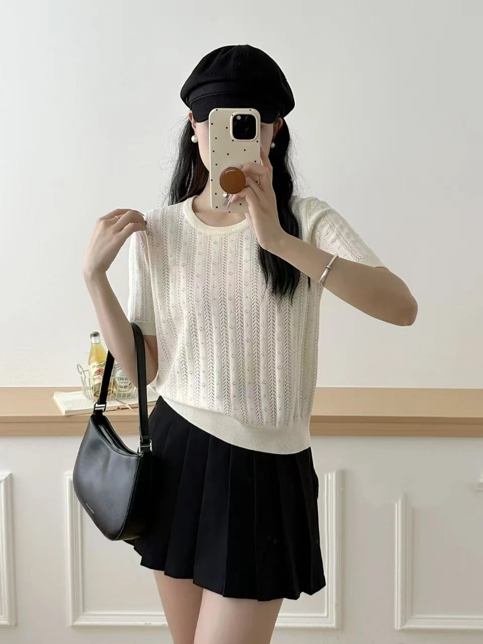 shintimes Short Sleeve Knitted T-shirt For Women O Neck Solid Pullover Tops Female Hollow Out Fashion Thin Tshirts Summer