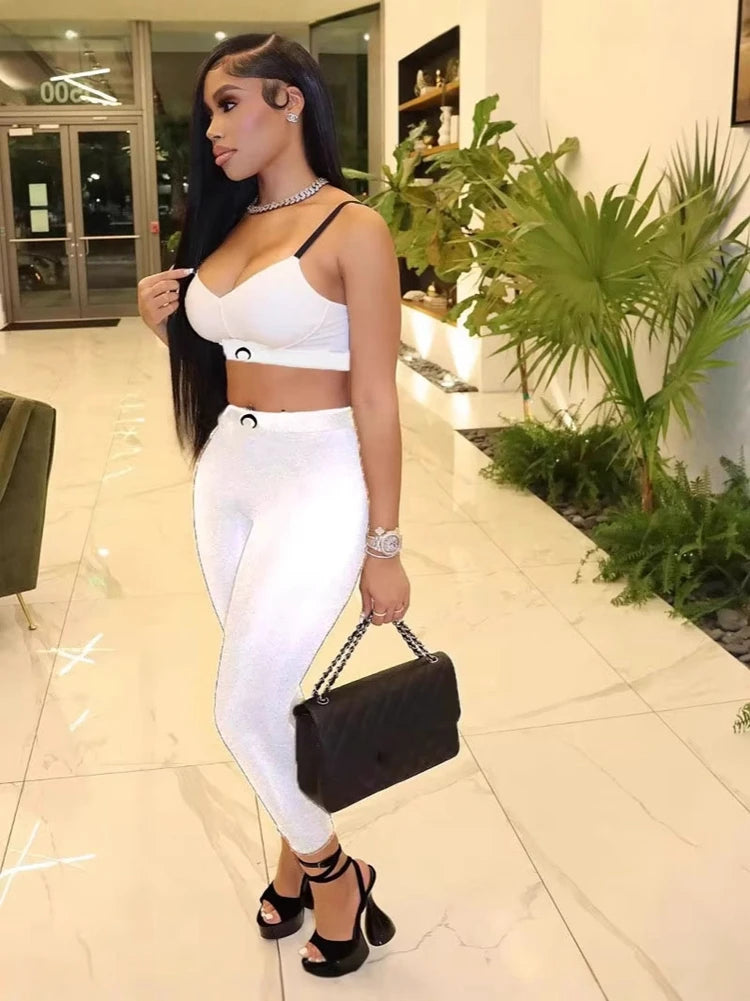 Sexy Two Piece Set Women Moon Tank Top Pants Ins High Street Summer Black Versatile Waist Slim Fit Outfit