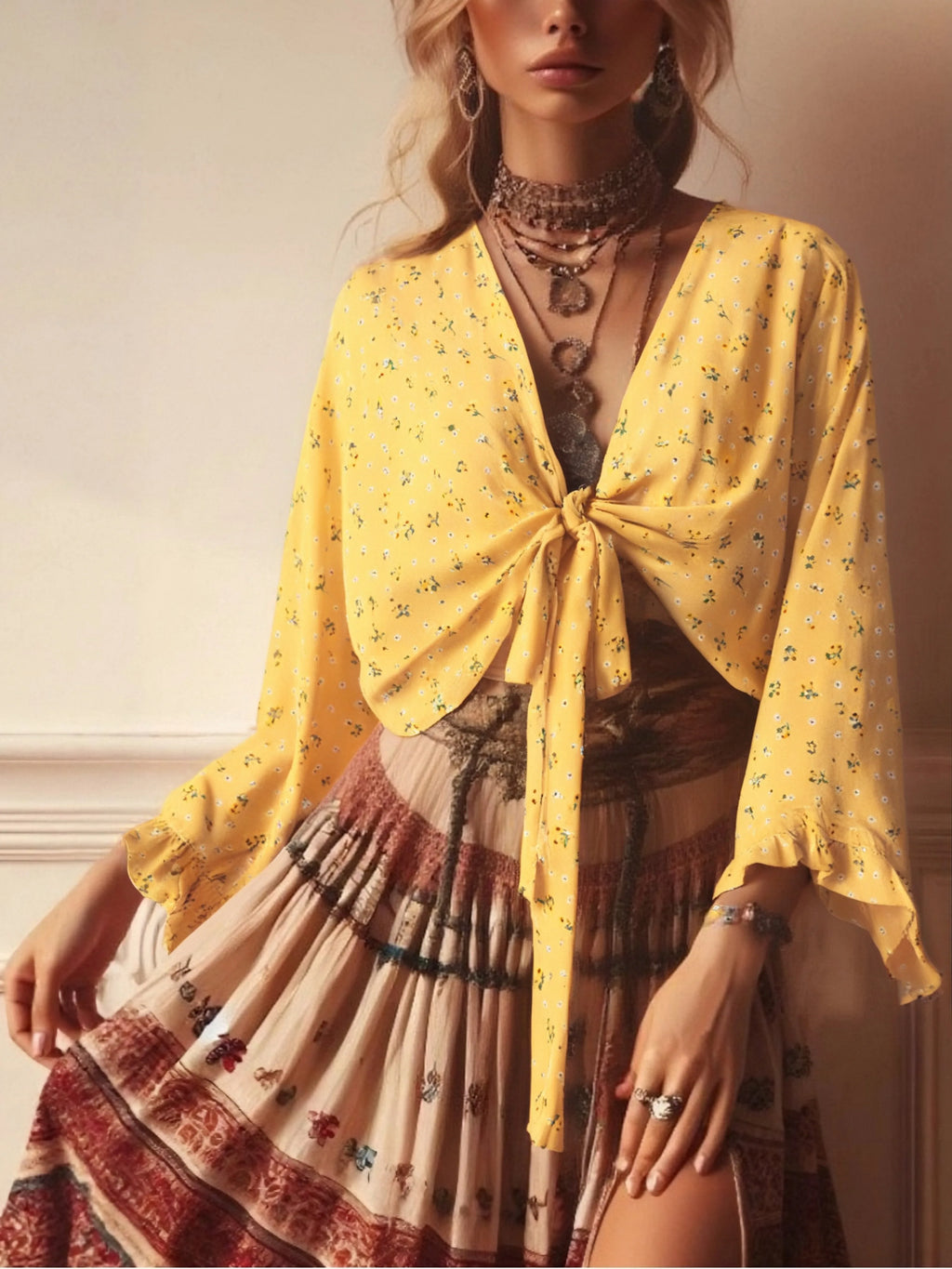 Boho Queens Fashion Women Floral 2025 Beach Summer Short Kimono Ruffles Flare Sleeves Vacation Bohemian Bikini Boho Cover-ups