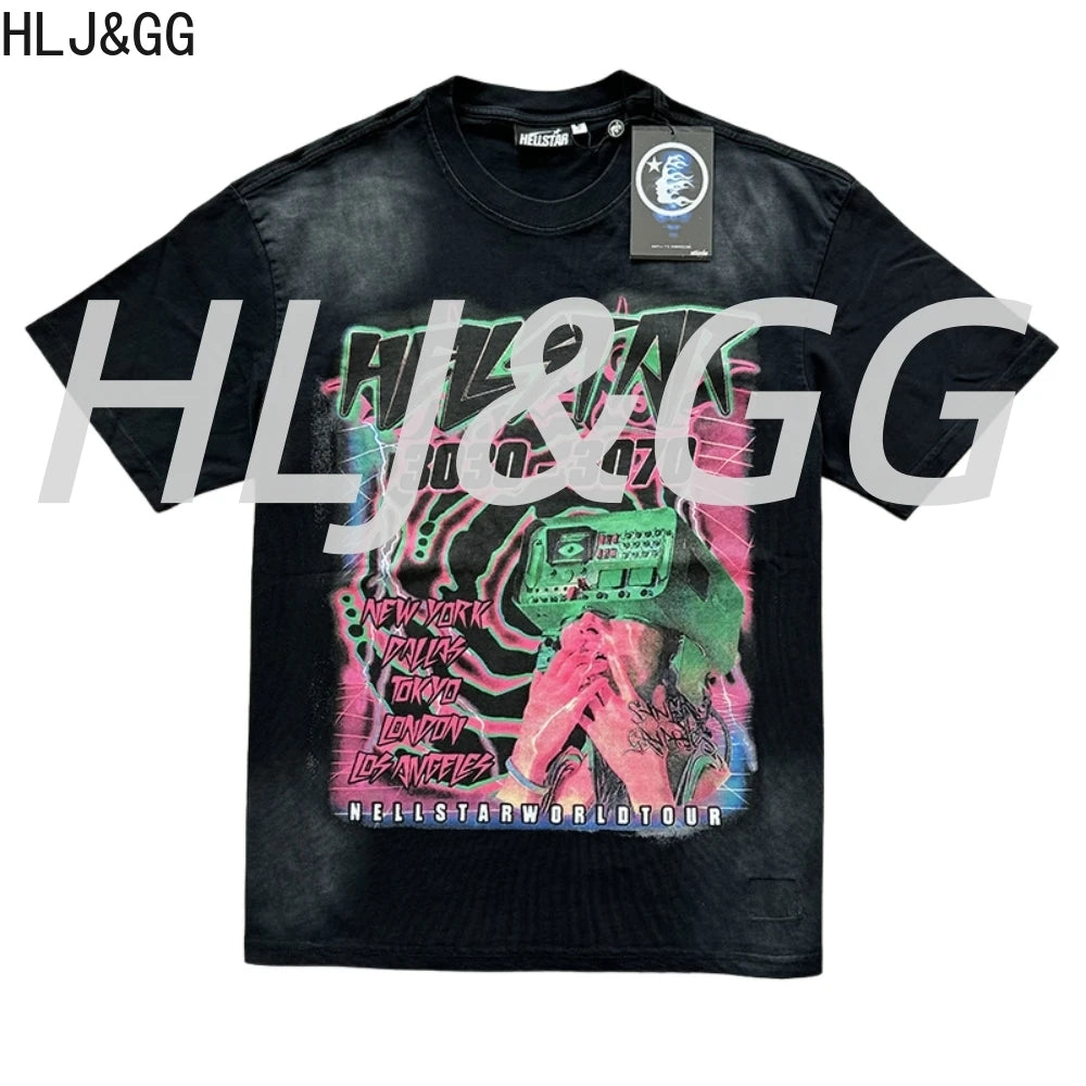 HLJ&GG American Retro Fashion Letter Print Loose Tshirts Two Piece Sets Women O Neck Short Sleeve Top+Shorts Outfits Streetwear