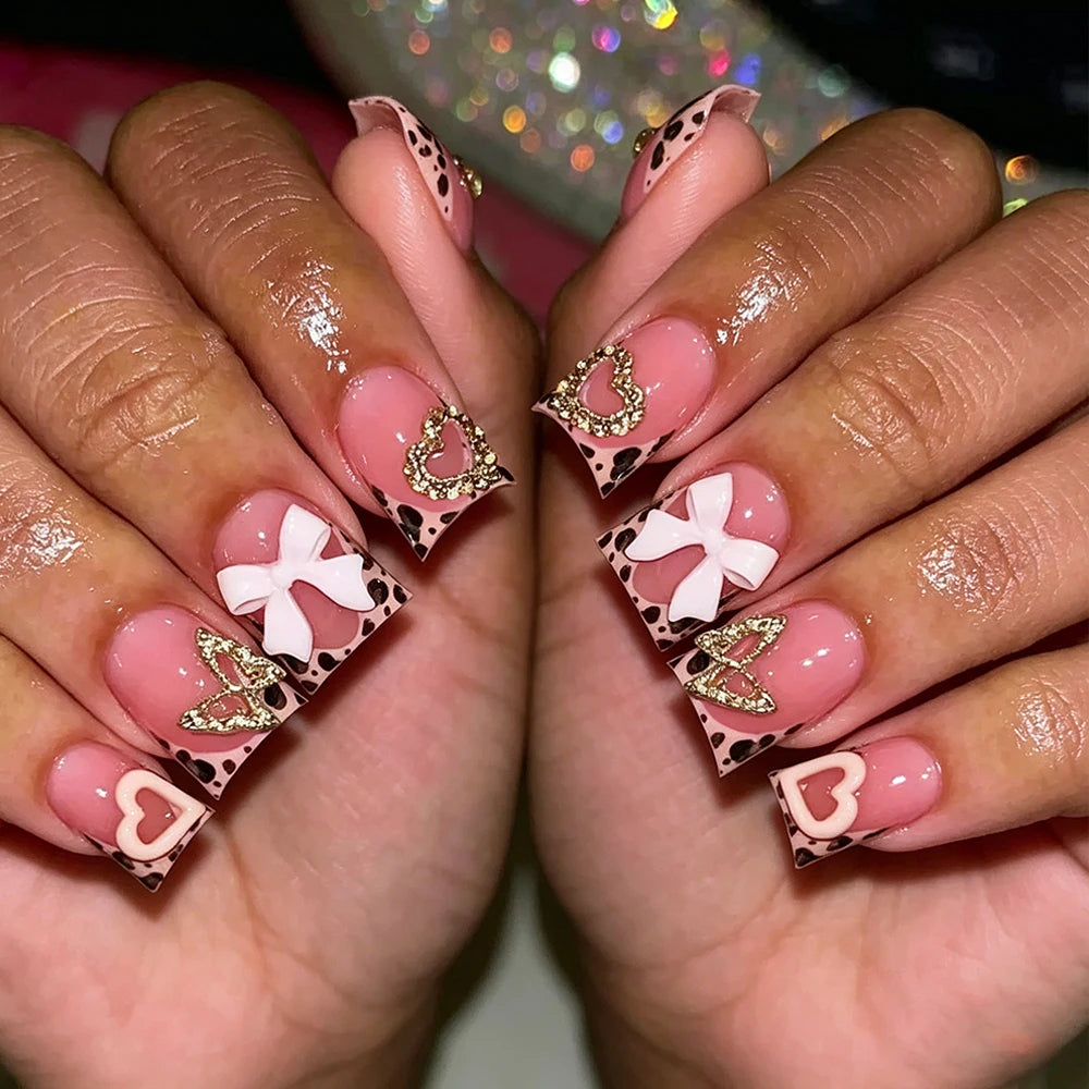 24pcs Short Square Leopard French Press On Nails y2k Nude Pink False Nails With 3D Cherry Crystal/Butterfly/Bow Charms Fake Nail