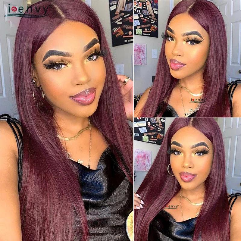99J Red Colored Lace Front Human Hair Wigs Silky Straight 13X4 13X6 Burgundy Hd Transparent Pre Plucked Lace Frontal Wigs 180%