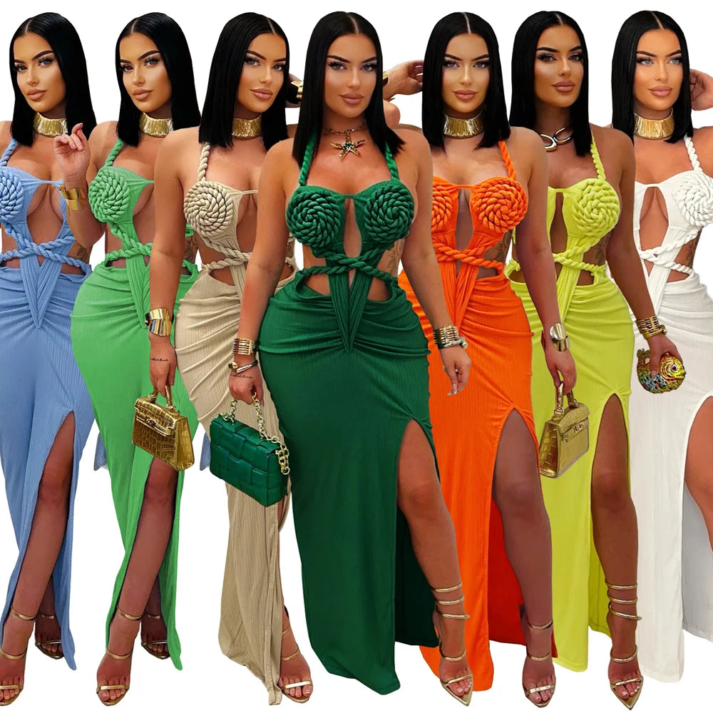 Hemp Rope Halter Neck Stacked Ruched High Slit Knit Bodycon Knotted Maxi Dress for Women Summer 2025 Birthday Sexy Party Dresses
