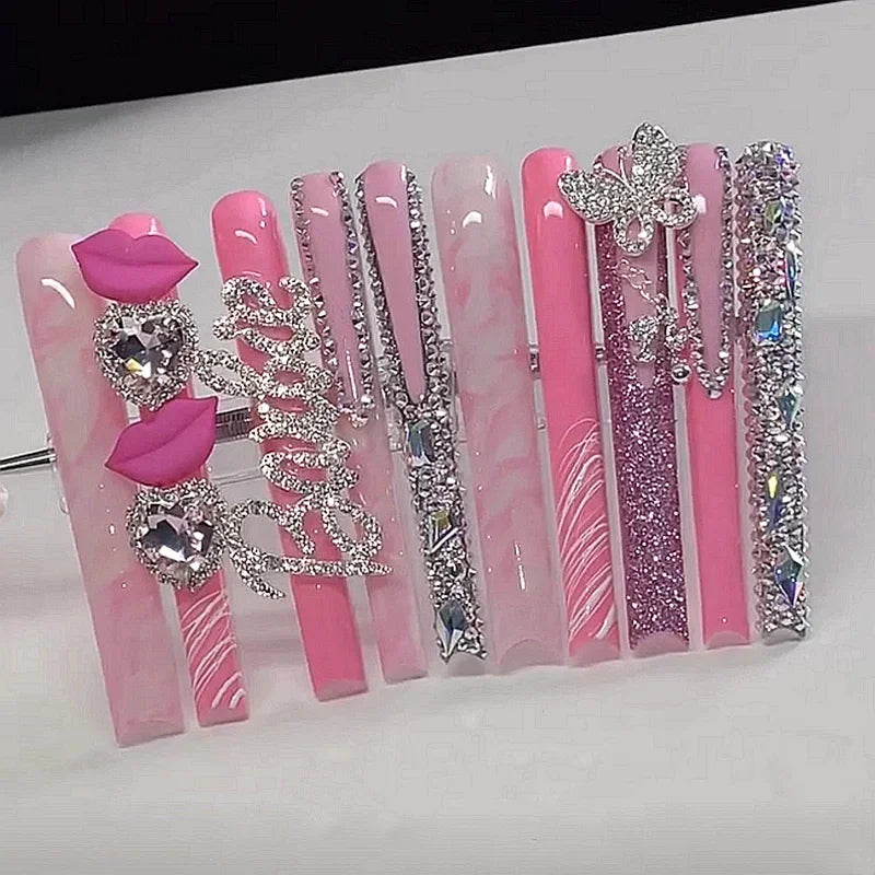 Handmade Crocodile Print Y2K Pink Custom XXXL Long Square Press On Nails Acrylic False Nail Tips Bling Fake Nail With Glue Party