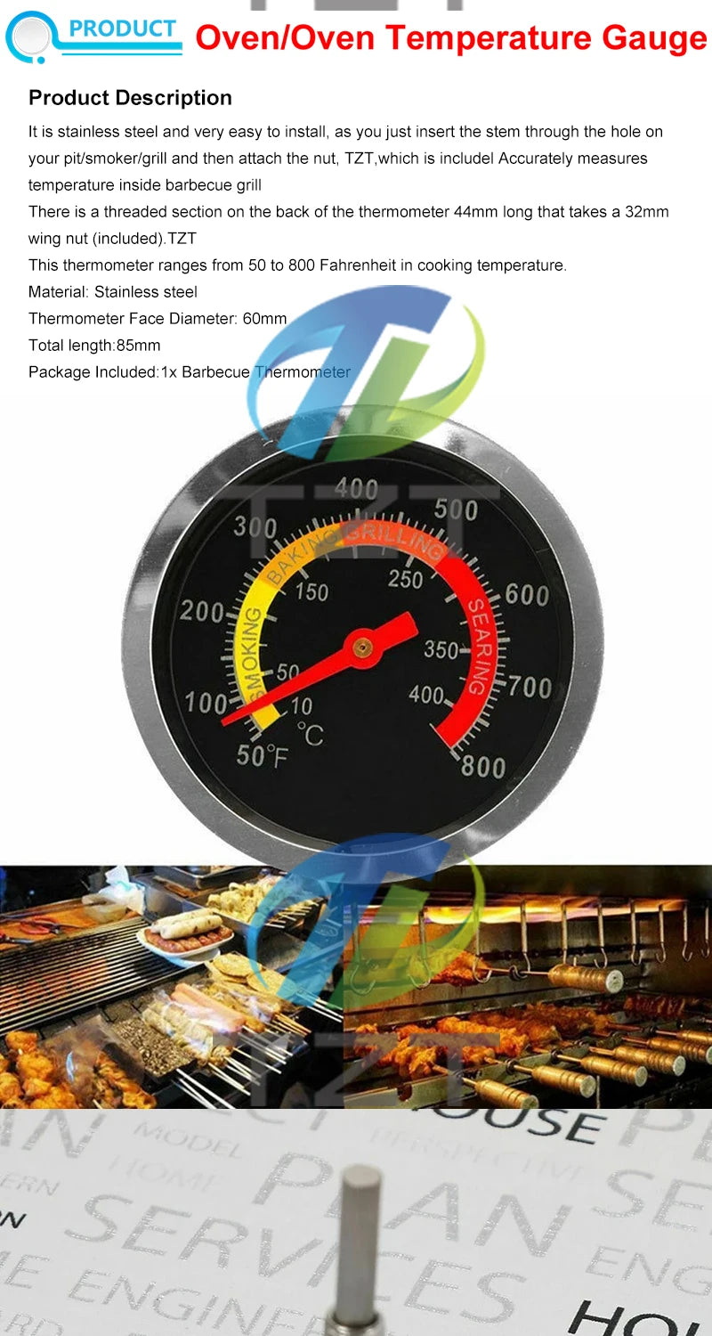 GREATZT 60mm Stainless Steel Pizza Oven Thermometer Baking Food Meat 10-400 Degrees Celsius Grill Barbecue Stove Thermograph