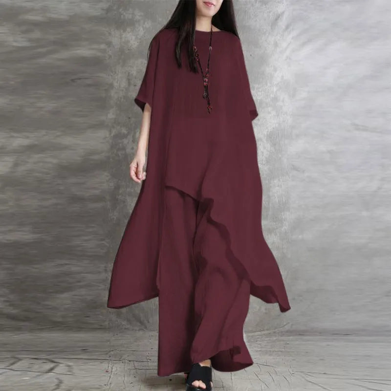 Loose Casual Cotton Linen Two Piece Set Fashion Round Neck Irregular Half Sleeved Extended Top Elastic Waist Wide Leg Pants Set