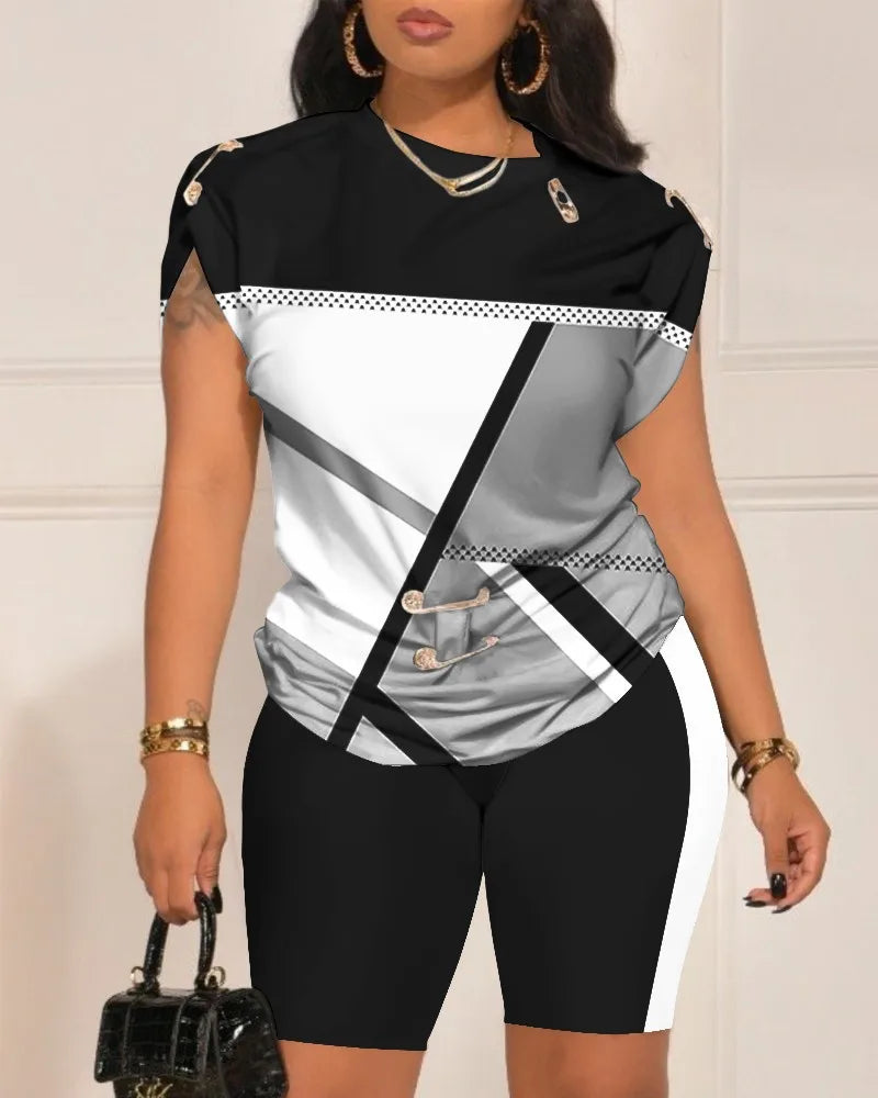 Women Leisure Pin Digital Printing Set O Neck Short Sleeve T-shirt And Shorts 2 Pieces Sets Summer Top + Short Pant 2 PCS Suits