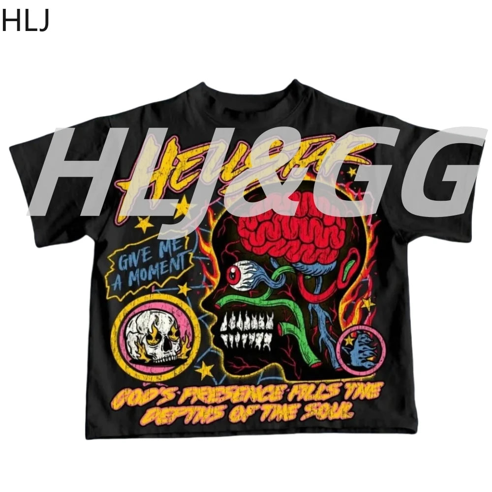 HLJ Trend Fashion Pattern Printing Tshirts Two Piece Sets Women Short Sleeve Top+Irregular Plaid Mini Skirts Outfits Streetwear