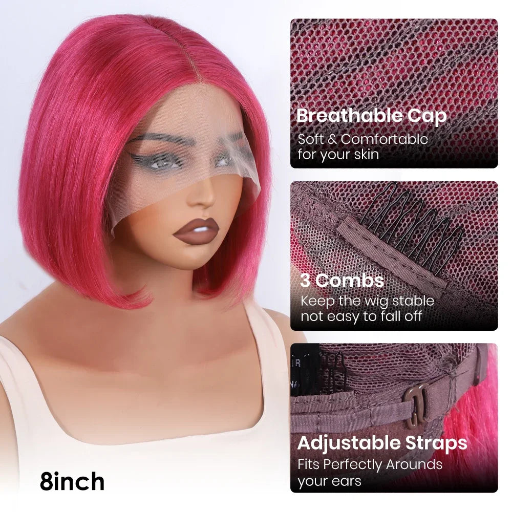 Sleek Ombre Pink Transparent Short T Lace Bob Human Hair Wigs Peruvian Straight 13x6x2 Lace Front Wig For Women Pre Plucked