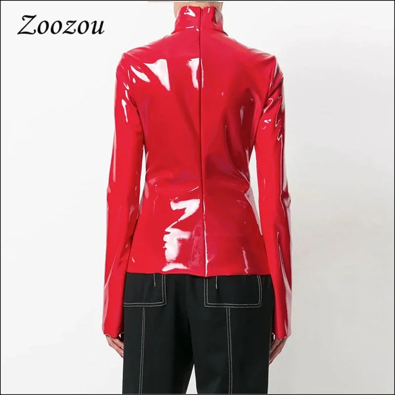 Women Shiny Faxu Leather Plus Size Turtleneck Tops Ladies Glossy Zipper PVC Pullover Black Red PU Leather 4XL 5XL 6XL Clothes