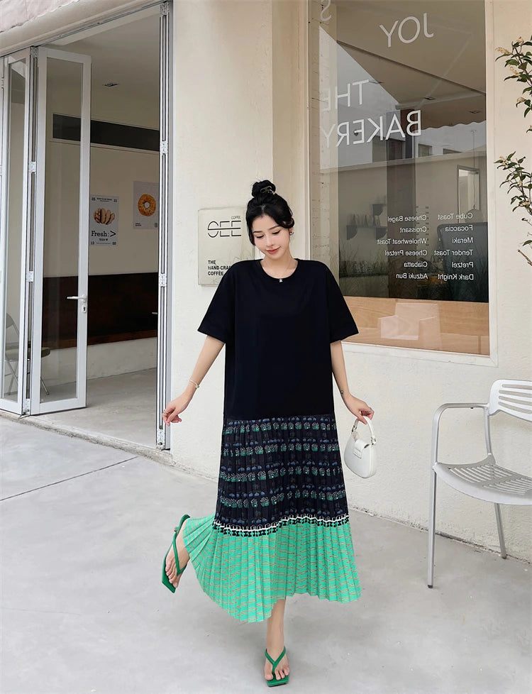 NYFS 2026 Summer New Korean Woman Dress Vestidos Robe Elbise Loose Plus Size Short Sleeve Patchwork Two Fake Pieces Long Dresses