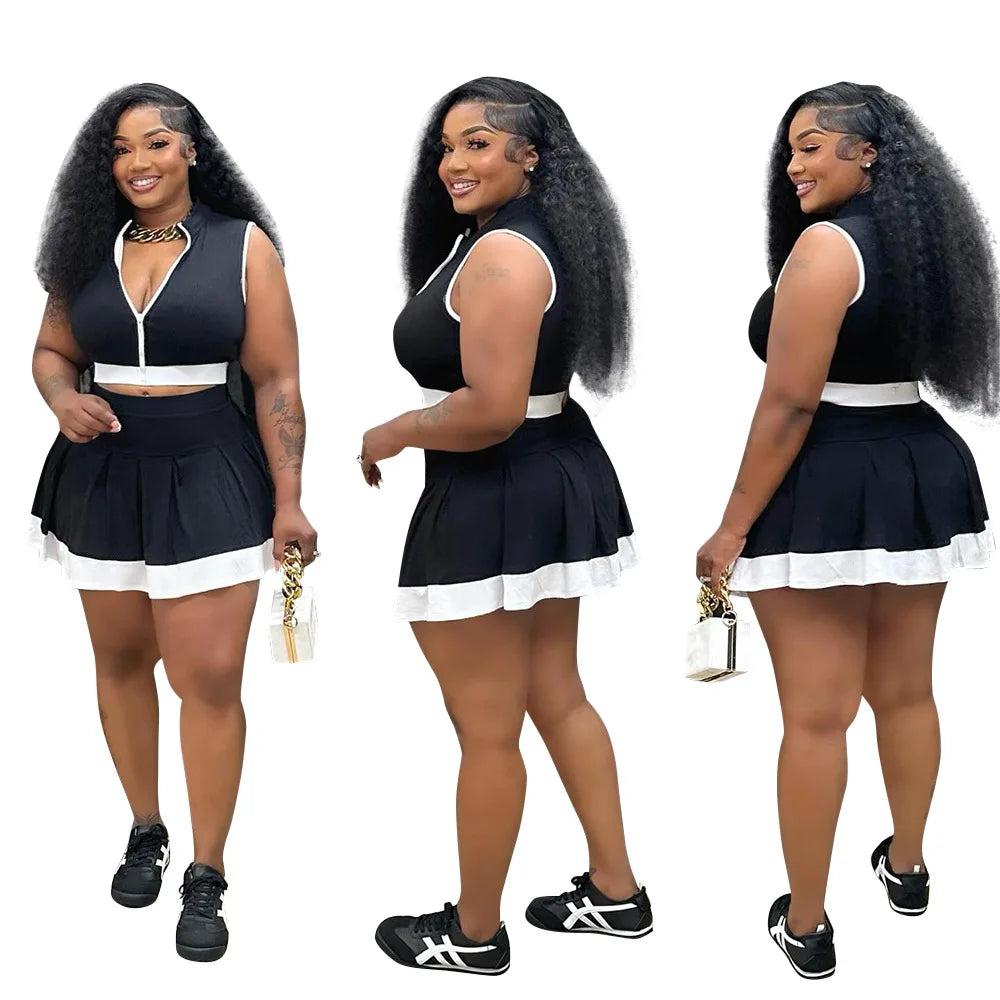 Women Two Piece Sets Shorts Skirt Set Zipper Sleeveless Sexy Tops Short Skirts A Line High Waist Y2k Streetwear Elegant Work