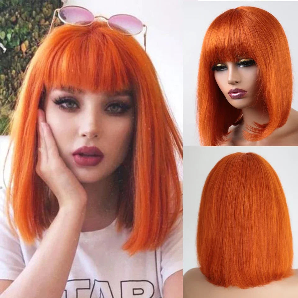 Orange Blonde Short Cut Straight Bob Wigs Rebecca With Bangs Red 99J Human Hair Brazilian Straight Machine Made Human Hair Wigs