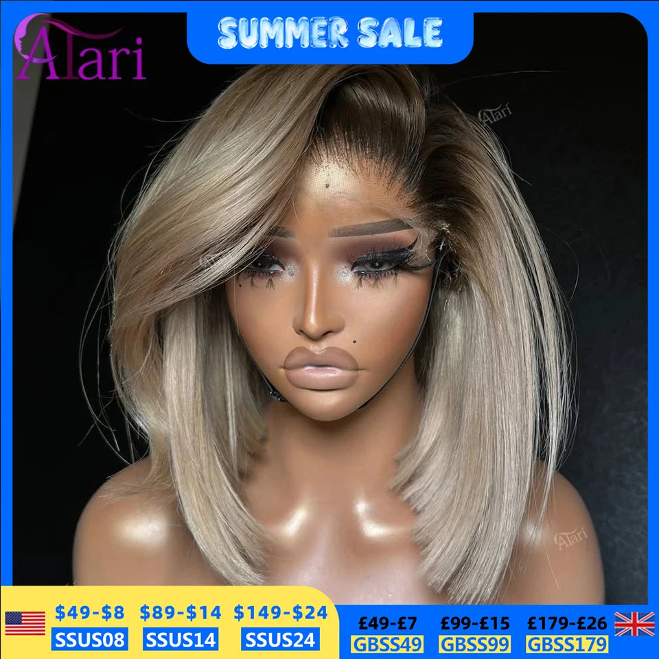 Ash Blonde with Brown Roots Short Bob Wig Transparent 13x4 Full Lace Frontal Human Hair Straight Bob Wig Pre Plucked for Women